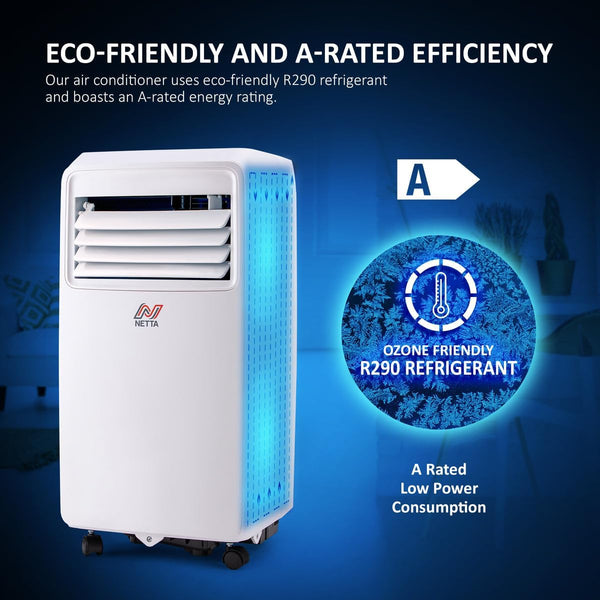 NETTA Portable Air Conditioner 3-IN-1 8000BTU, Dehumidifier, Cooling Fan - WiFi Smart App, 3 Speed Settings, Weekly Timer, Remote Control [Energy Class A] [Energy Class A]
