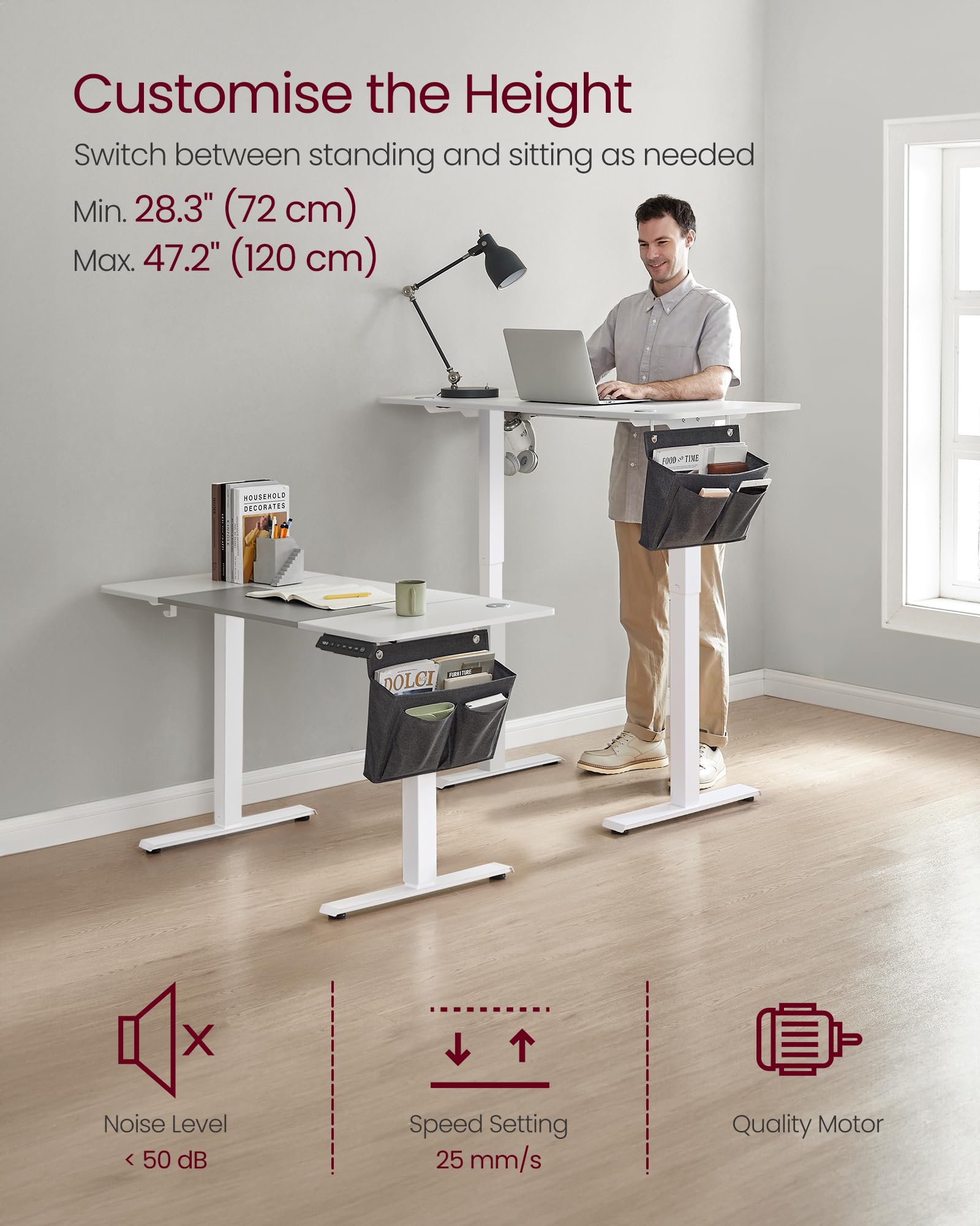 VASAGLE Electric Standing Desk, Height Adjustable Desk, 60 x 140 x (72-120) cm, 4 Memory Heights, Storage Pocket, for Home Office, Study, Rustic Brown and Ink Black LSD134K02