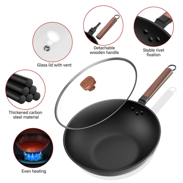 Jobin 33cm/5.6L Non Stick Wok with Lid Carbon Steel Frying Pan No Chemical Coated and Large Capacity for Cook Asian Dishes for 4-6 People, Ideal for
