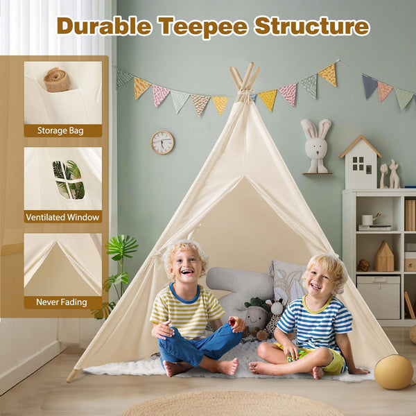 Wilwolfer Teepee Tent for Kids Foldable Children Play Tent for Girl and Boy with Carry Case 4 Poles White Canvas Playhouse Toy for Indoor and Outdoor Games
