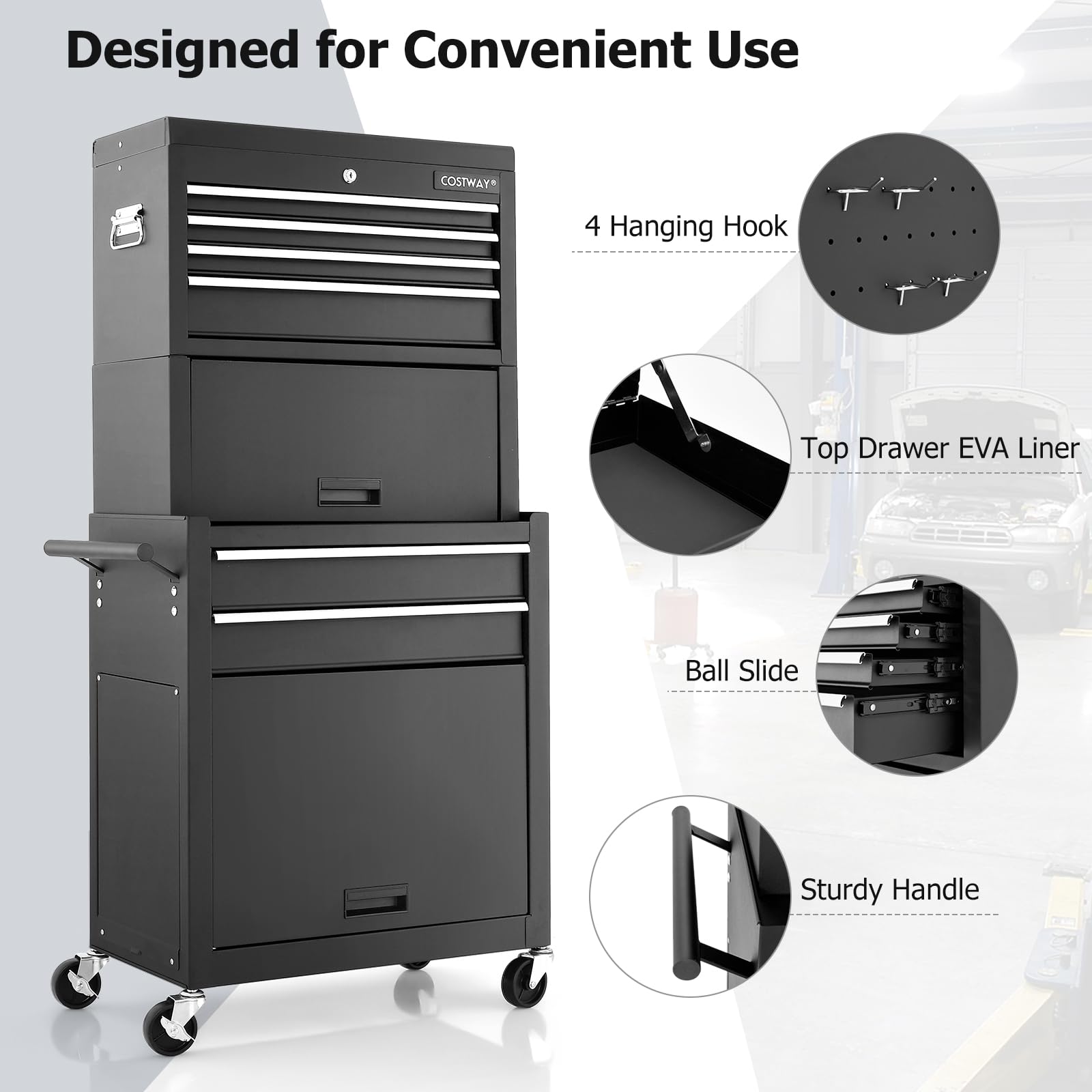 COSTWAY Large Rolling Tool Cabinet, 2-in-1 Detachable Metal Tool Chest with Drawers, Wheel, Handle, Hooks & Pegboard, Lockable Tool Box Trolley for Garage Workshop (with Middle Compartment, Black)