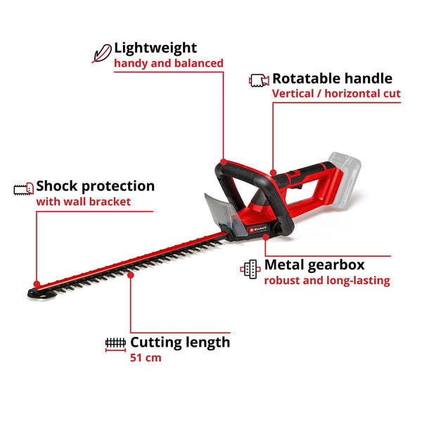 Einhell Power X-Change 18V Cordless Hedge Trimmer - 50cm (20 Inch) Cutting Length, Laser-Cut Diamond-Ground Steel Blades - GE-CH 18/50 Li Electric