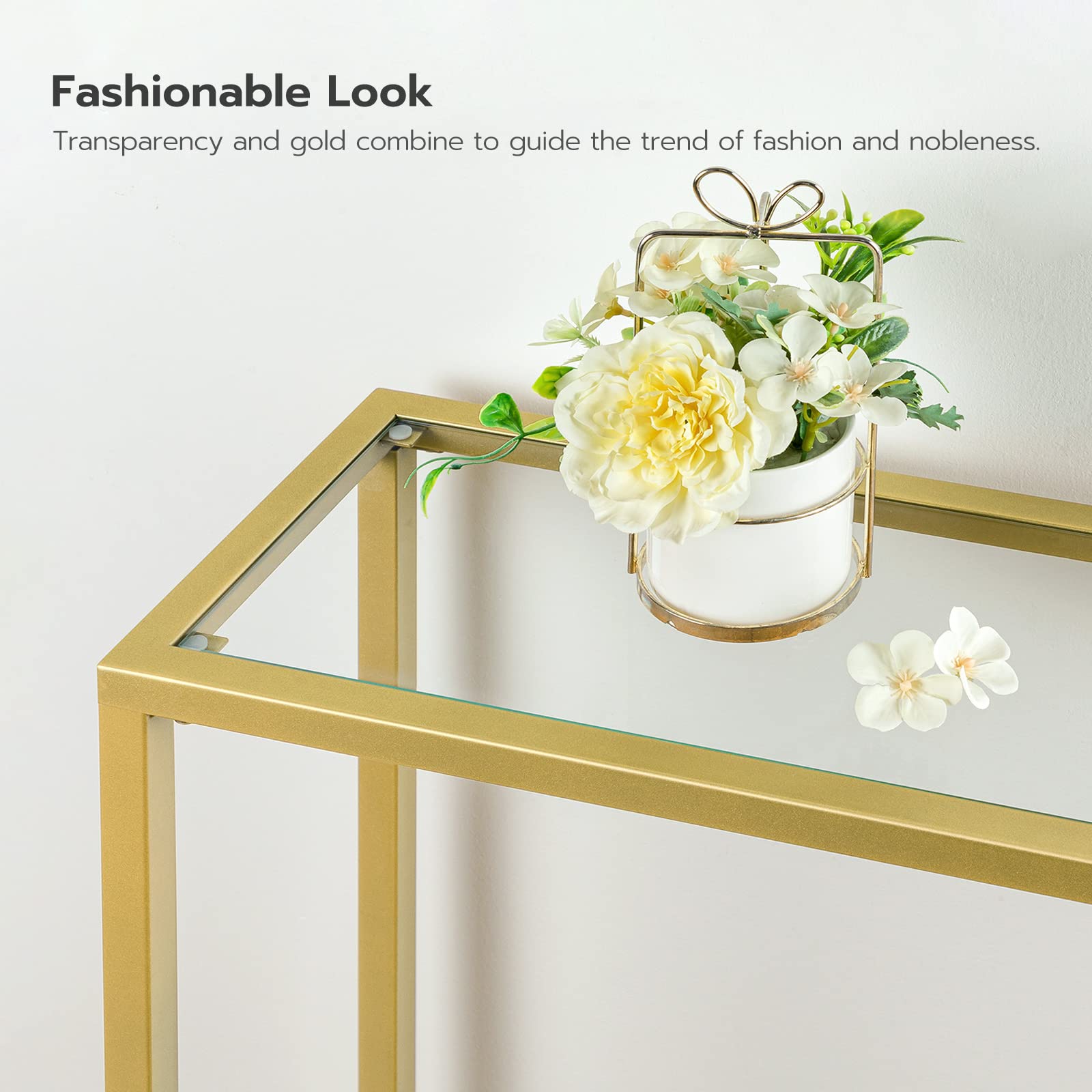 HOOBRO Console Table, Tempered Glass Sofa Table, Gold Slim Hallway Table, 75 x 22 x 80 cm, for Living Room, Entryway, Hallway, Metal Frame, Sturdy,