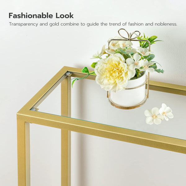 HOOBRO Console Table, Tempered Glass Sofa Table, Gold Slim Hallway Table, 75 x 22 x 80 cm, for Living Room, Entryway, Hallway, Metal Frame, Sturdy,