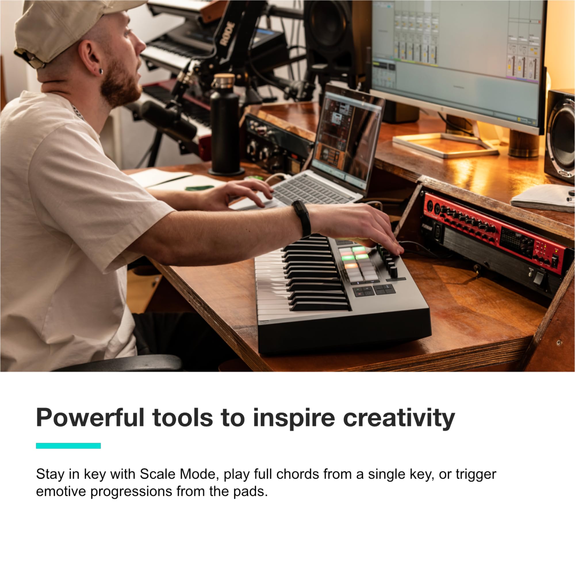 Novation Launchkey Mini 25 [MK4] — Portable 25 Mini-Key, USB, MIDI Keyboard Controller with DAW Integration. Chord Mode, Scale Mode, Drum Pads, and Arpeggiator. Includes Music Creation Software Bundle