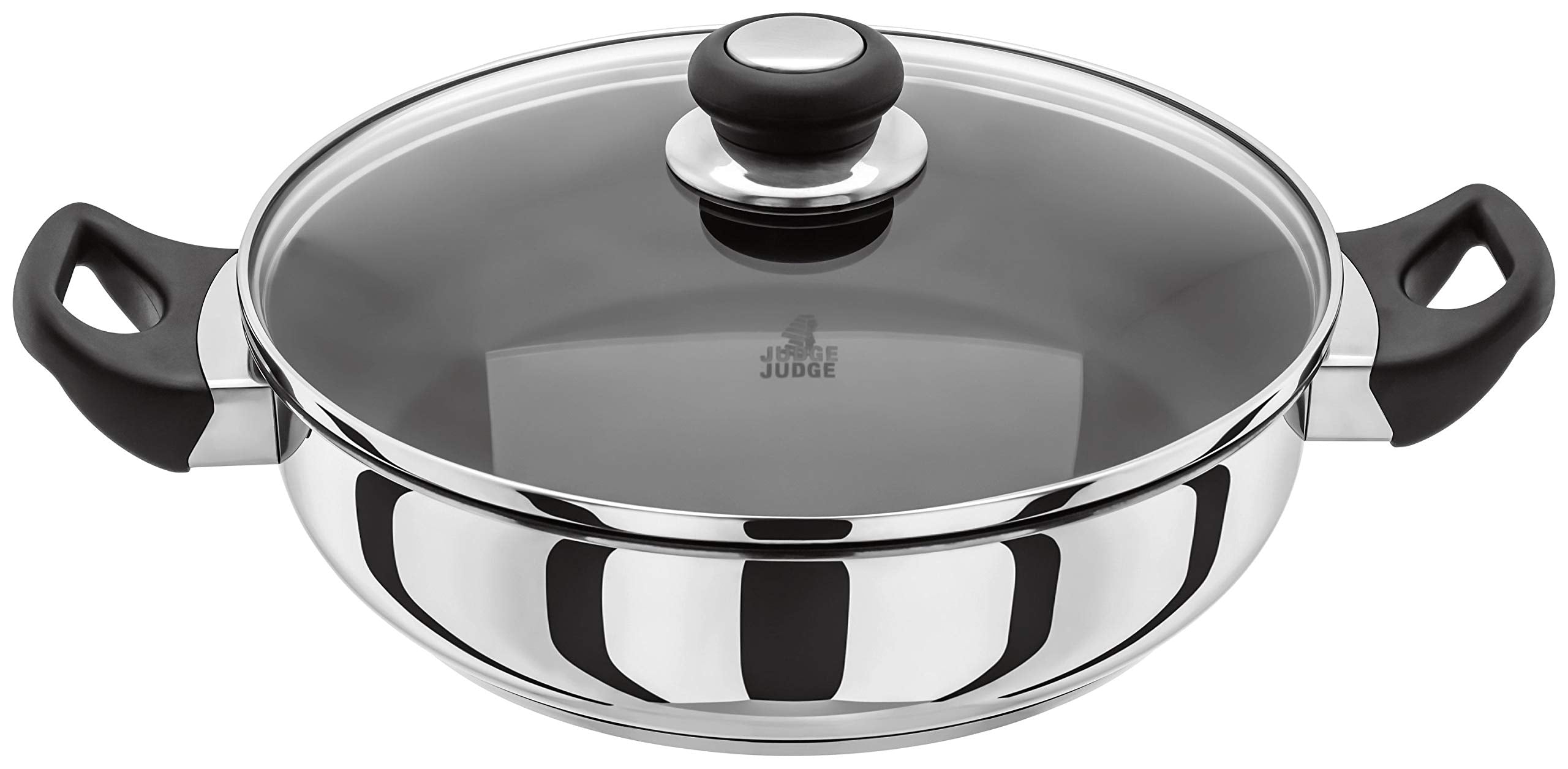 Judge Vista J232A Stainless Steel Non-Stick Large Sauteuse 28cm Frying Pan with Shatterproof Glass Lid, Induction Ready, Oven Safe, 25 Year Guarantee