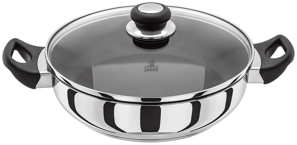 Judge Vista J232A Stainless Steel Non-Stick Large Sauteuse 28cm Frying Pan with Shatterproof Glass Lid, Induction Ready, Oven Safe, 25 Year Guarantee
