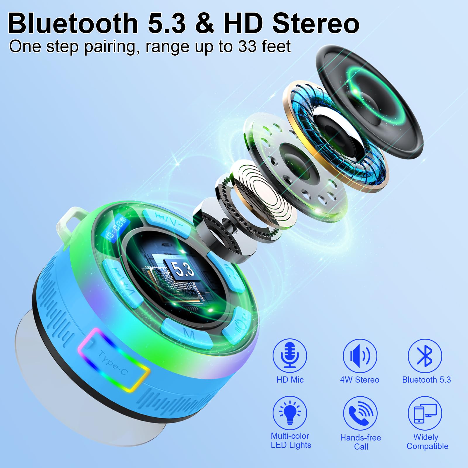 Bluetooth Shower Speaker with IPX7 Waterproof, Bluetooth Speaker with HD Stereo Sound, Built-in Mic Portable Wireless Speaker with Dynamic Lights 10H Playtime, for Outdoor Kitchen Gifts Golf, Black