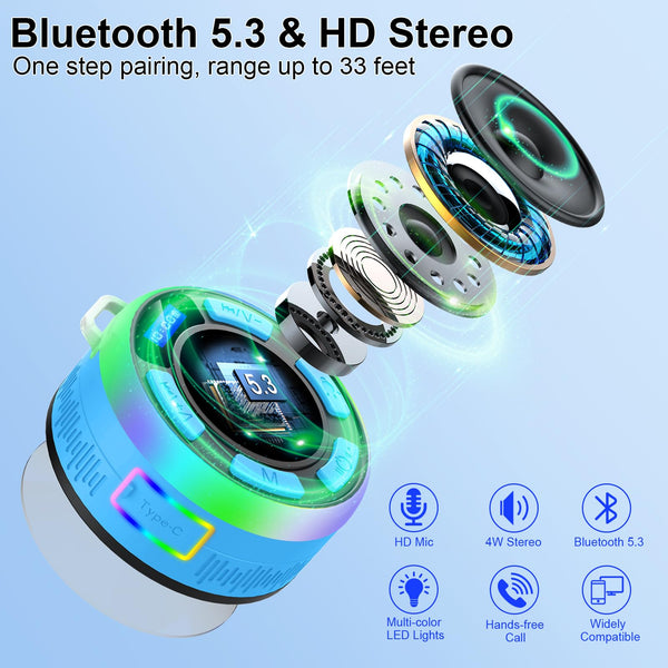 Bluetooth Shower Speaker with IPX7 Waterproof, Bluetooth Speaker with HD Stereo Sound, Built-in Mic Portable Wireless Speaker with Dynamic Lights 10H Playtime, for Outdoor Kitchen Gifts Golf, Black