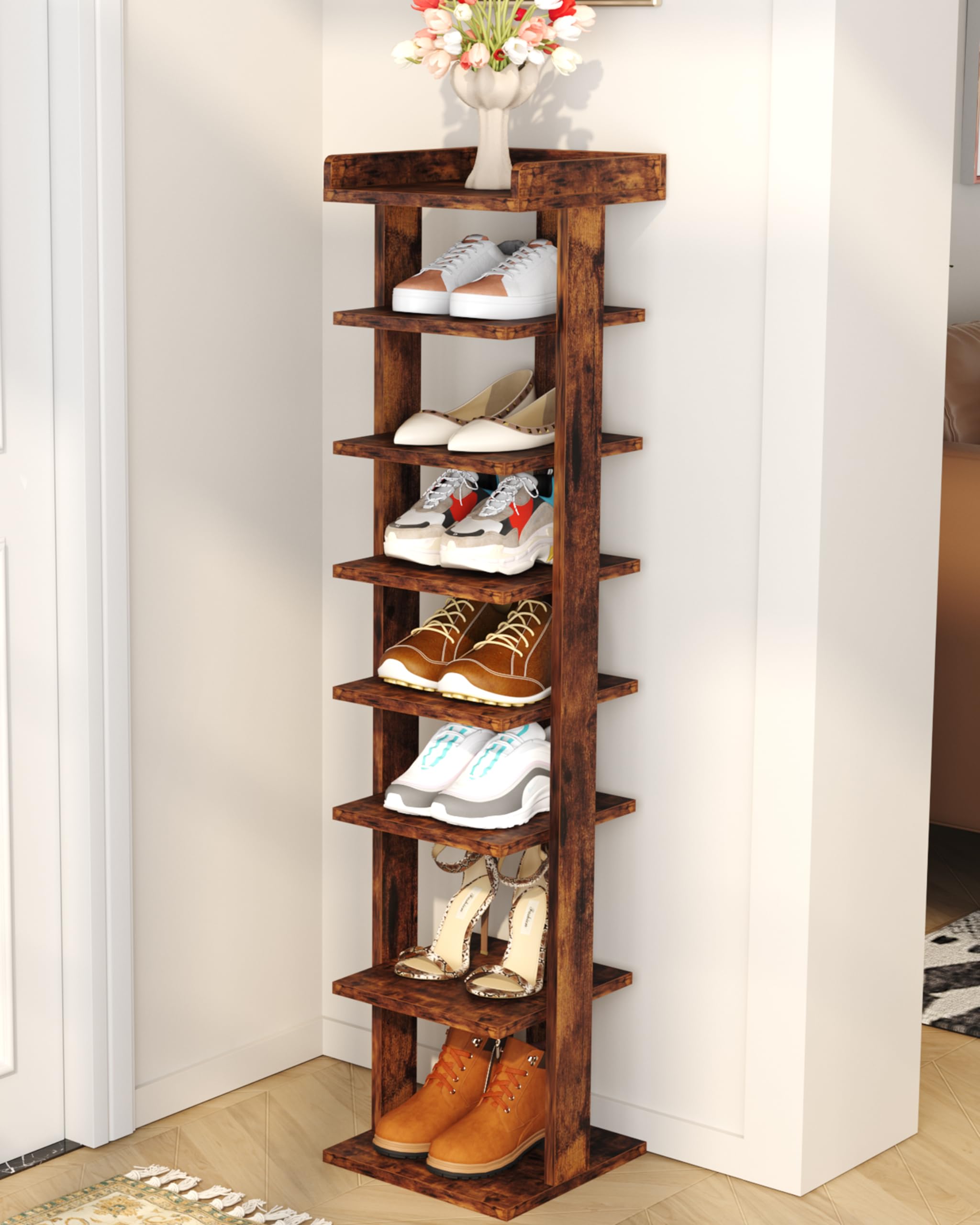 HOME BI 7-Tier Narrow Shoe Rack,Corner Shoe Tower, Slim Shoe Organizer, Wooden Shoe Storage Stand for Entryway, Hallway, Closet, Rustic Brown
