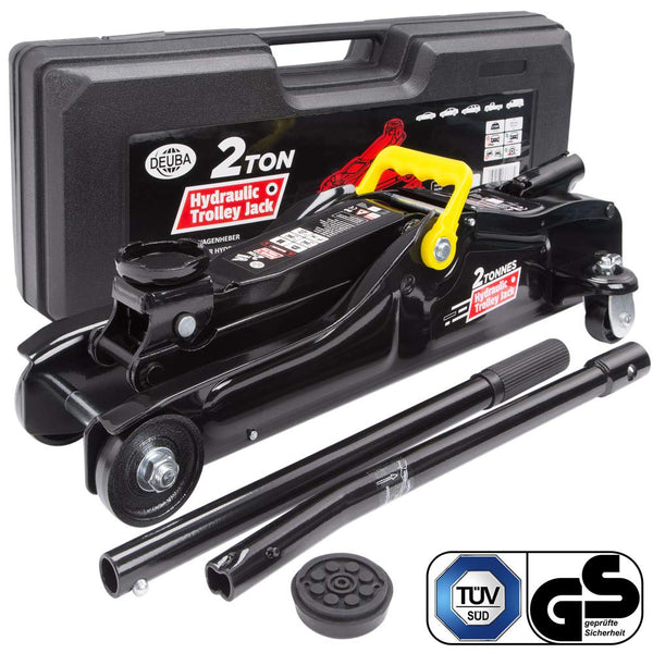 DEUBA® Hydraulic Low Profile 2 Tonne Trolley Jack for Cars | Lift Height 85-330 mm | Suitable for Lowered Vehicles | Equipment Case & Rubber Pad | Portable Heavy Duty Floor Jack Kit