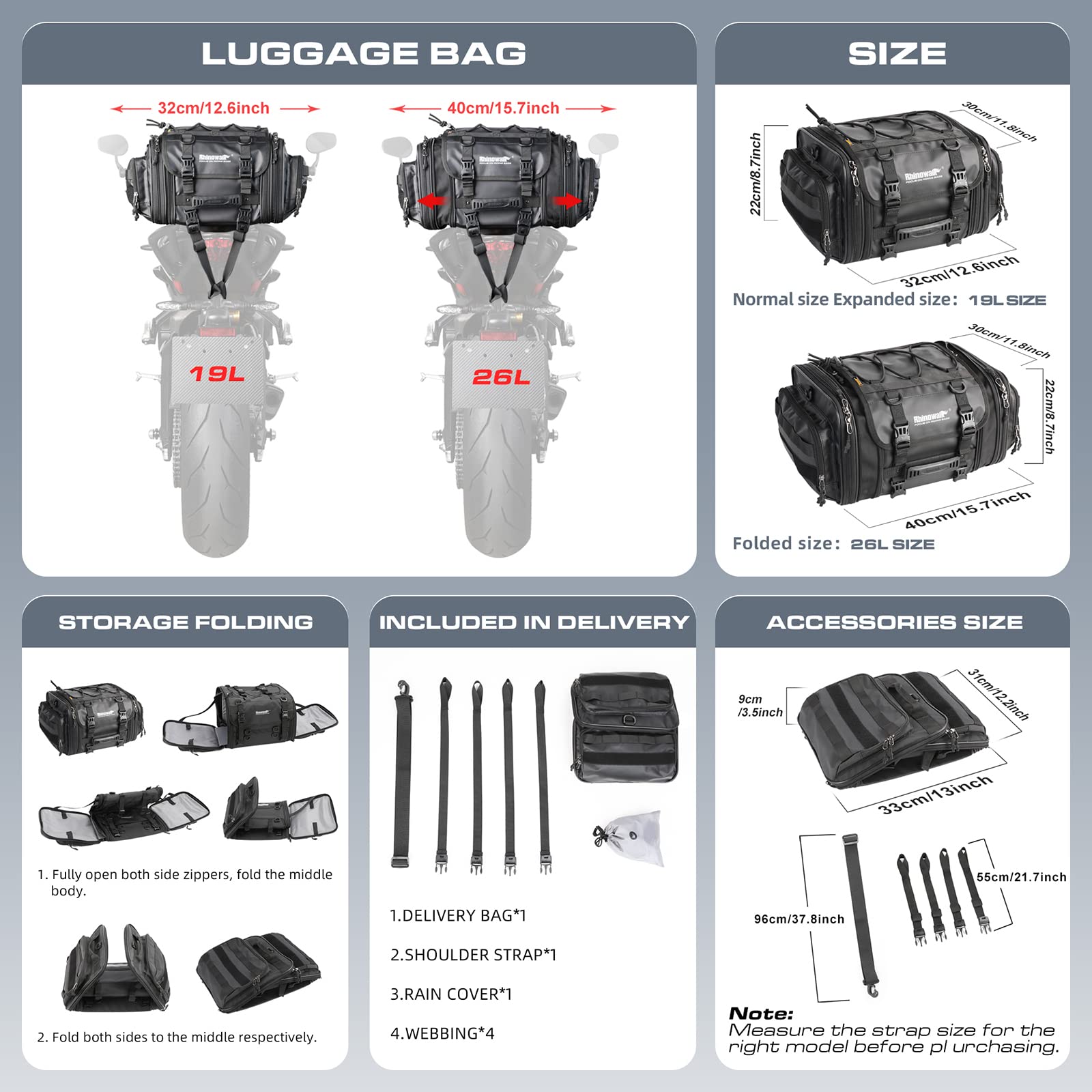 Rhinowalk Motor Pannier Bag Motorcycle Seat Bag Waterproof Travel Luggage Expandable19-26L, Black (MT4026)