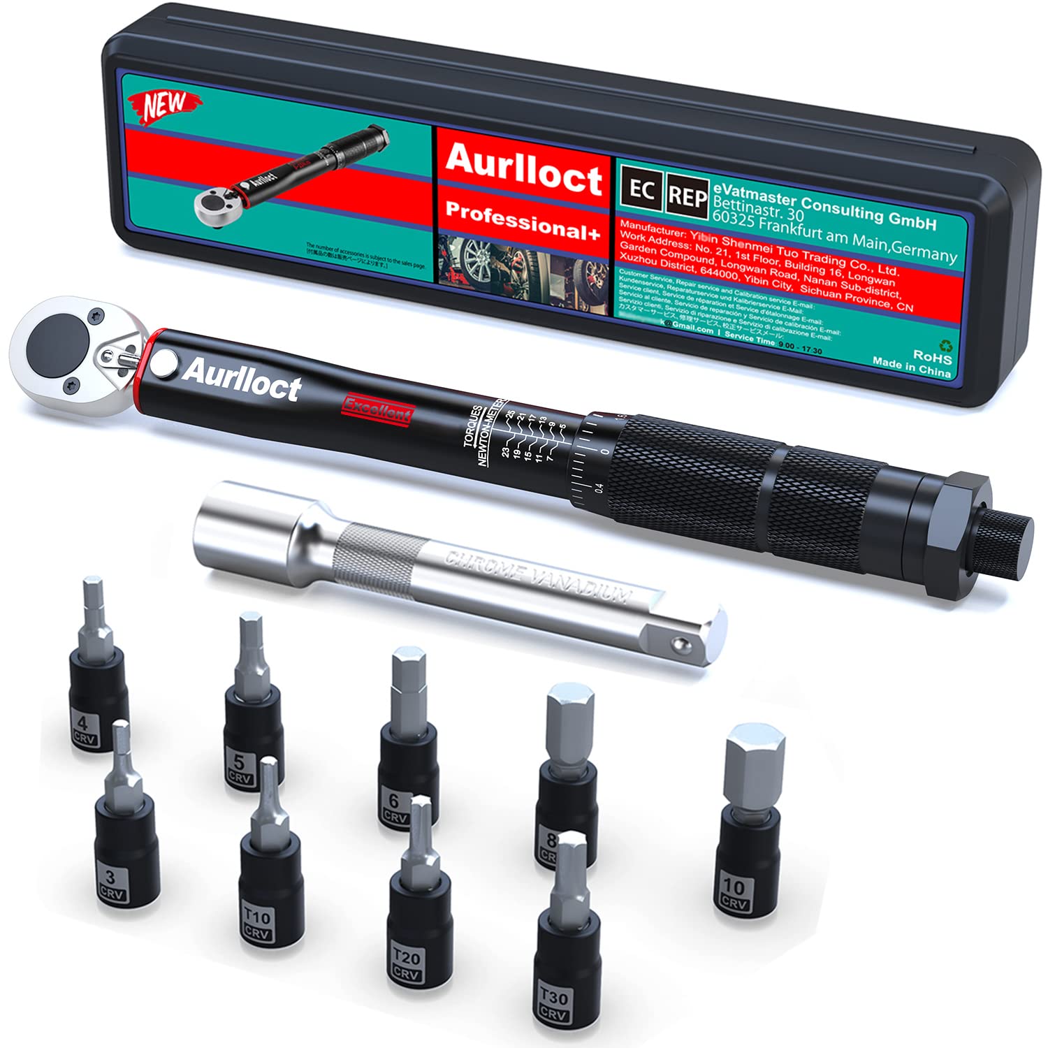 1/2" Torque Wrench Set, Car Wheel Torque Spanner 20-230 Nm with 3/8'' Adapter, ± 3% Accuracy, 72 Tooth for Car Repair, Tire Replacement Etc