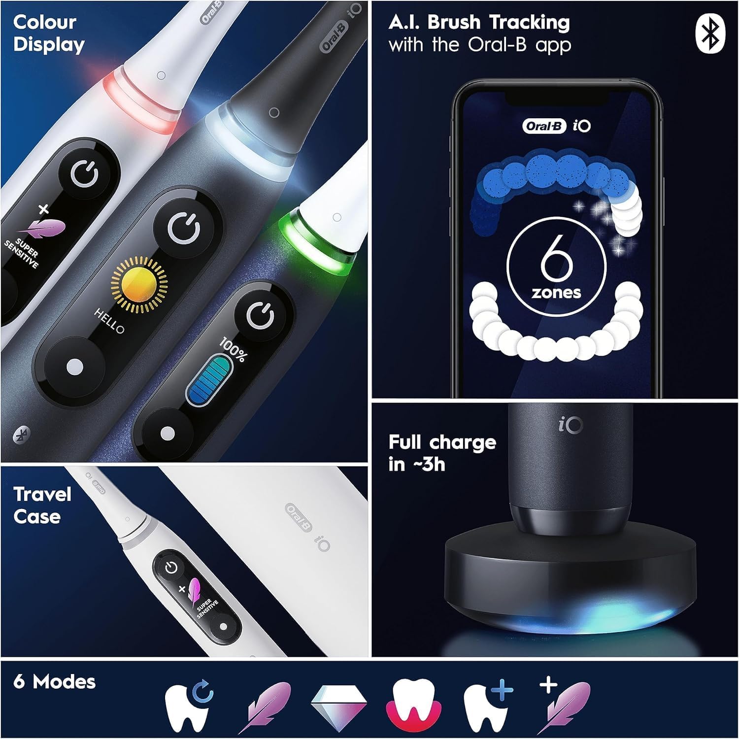 Oral-B iO8 Electric Toothbrushes For Adults, App Connected Handle, 3 Toothbrush Heads, Travel Case & Toothbrush Head Holder, 6 Modes, 2 Pin UK Plug, Violet