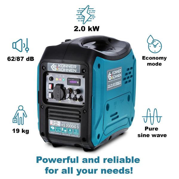 Könner & Söhnen KS 3100iG S portable LPG/petrol inverter generator 3100 W,UK Plug Socket 1x13 A (230 V), 2 USB ports,copper winding,silent inverter generator,dual fuel generator