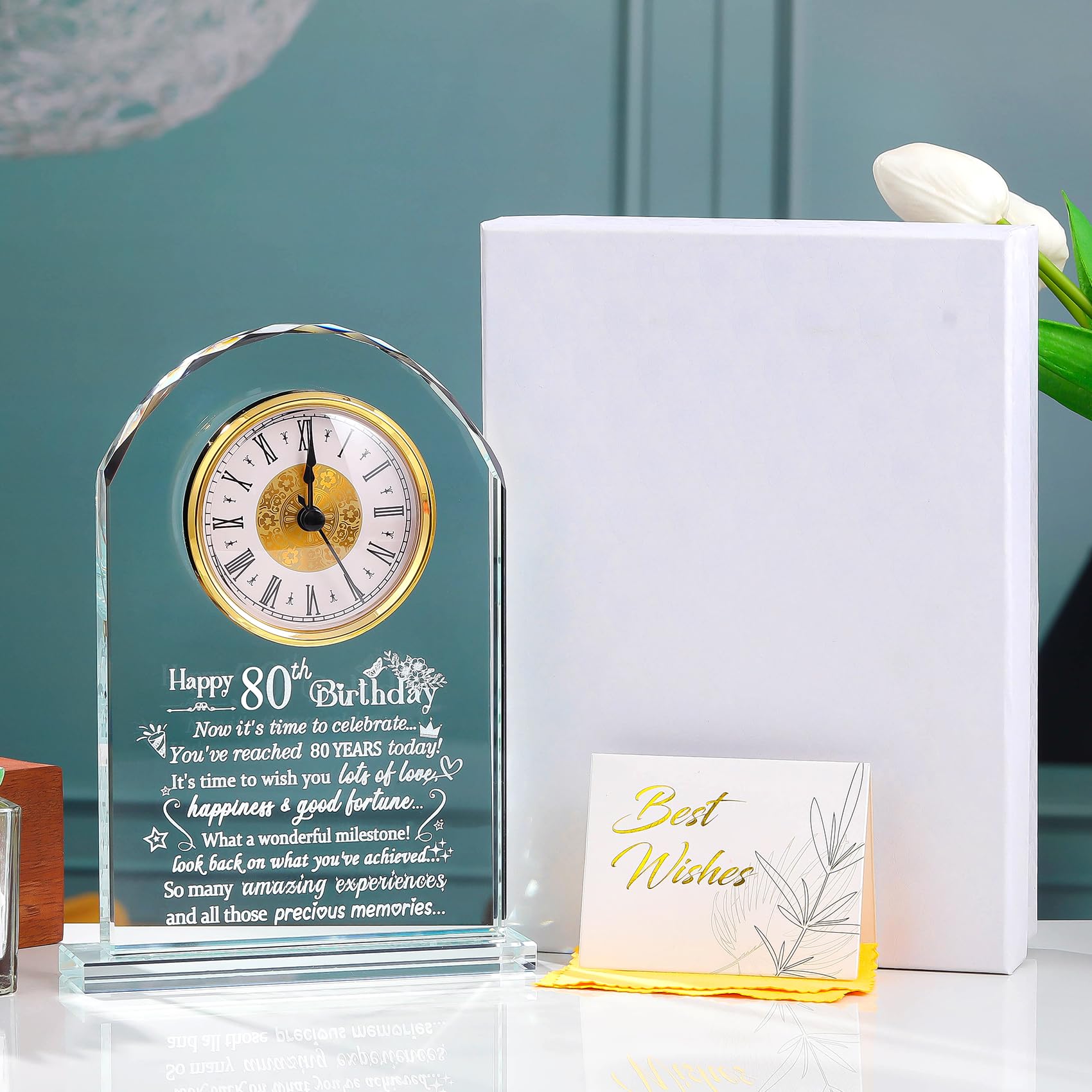 Happy 80th Birthday Quartz Clock Gifts for Women, Glass keepsake 80 Years Old Birthday Gifts for Parents, Birthday Presents for Grandma Turning 80