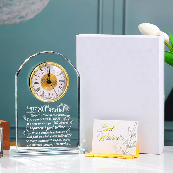 Happy 80th Birthday Quartz Clock Gifts for Women, Glass keepsake 80 Years Old Birthday Gifts for Parents, Birthday Presents for Grandma Turning 80