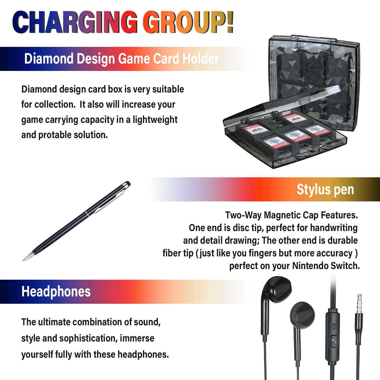 Deruitu Switch Accessories Bundle Compatible with Nintendo Switch, Kit with Carrying Case, Screen Protector, Compact Playstand, Game Case, Joystick Cap, Charging Dock,Steering Wheel