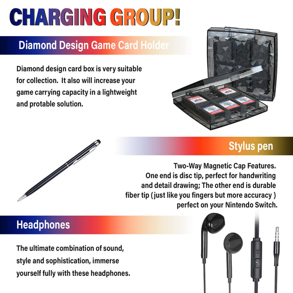 Deruitu Switch Accessories Bundle Compatible with Nintendo Switch, Kit with Carrying Case, Screen Protector, Compact Playstand, Game Case, Joystick Cap, Charging Dock,Steering Wheel