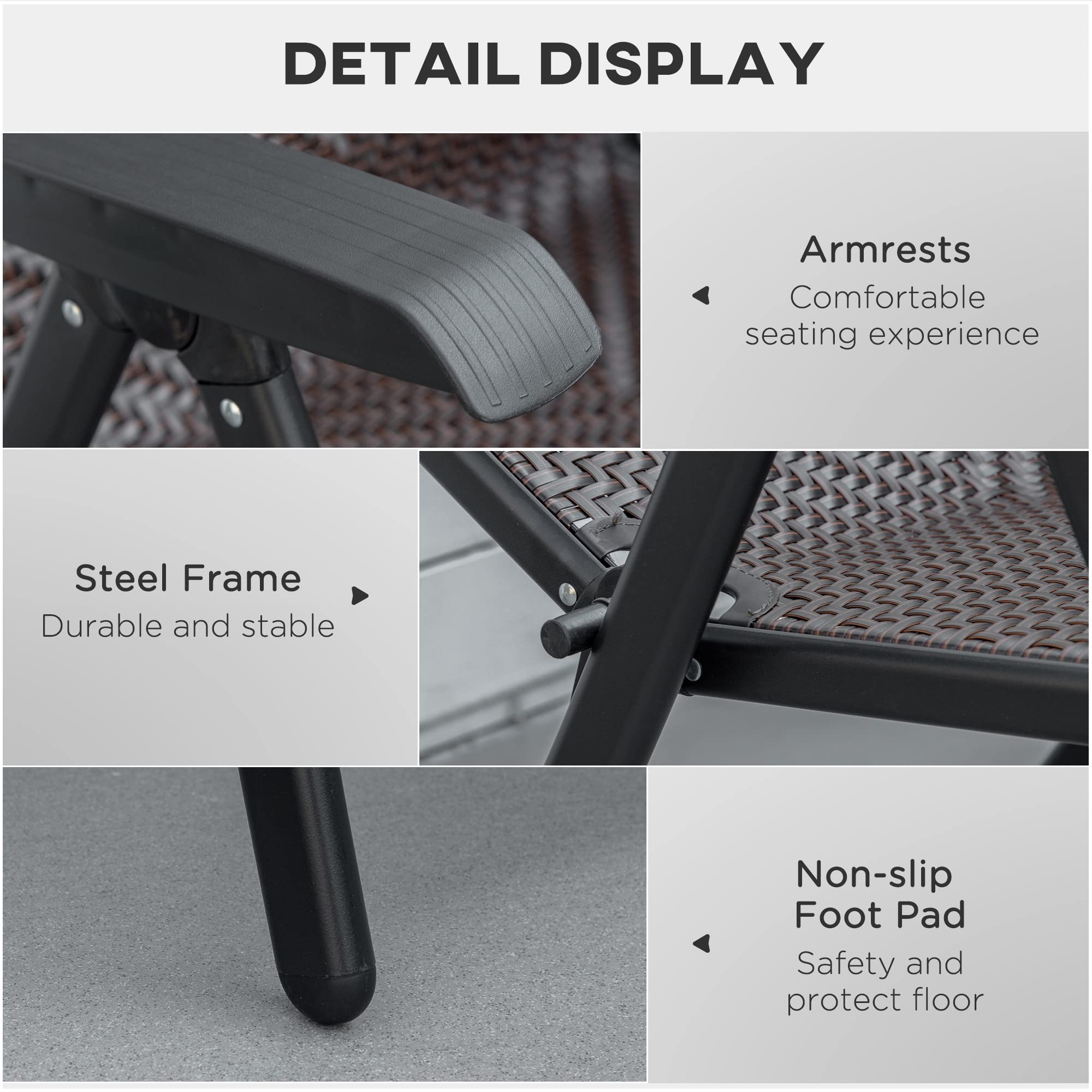 Outsunny Set of 2 Outdoor Wicker Folding Chairs, Patio PE Rattan Dining Armrests Chair set with 7 Levels Adjustable Backrest, for Outdoors, Camping, Brown