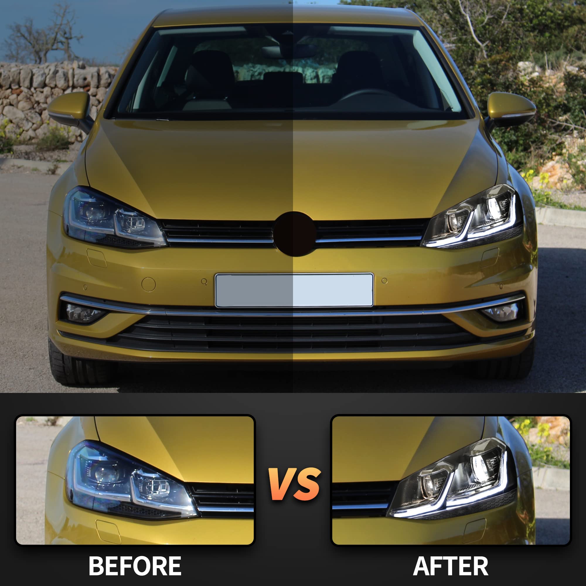 VLAND Headlights for GOLF 7 VII MK7 2012-2017 Front Lamps,with Sequential Indicator,Only Fit for Halogen Version (Sliver Stripe)