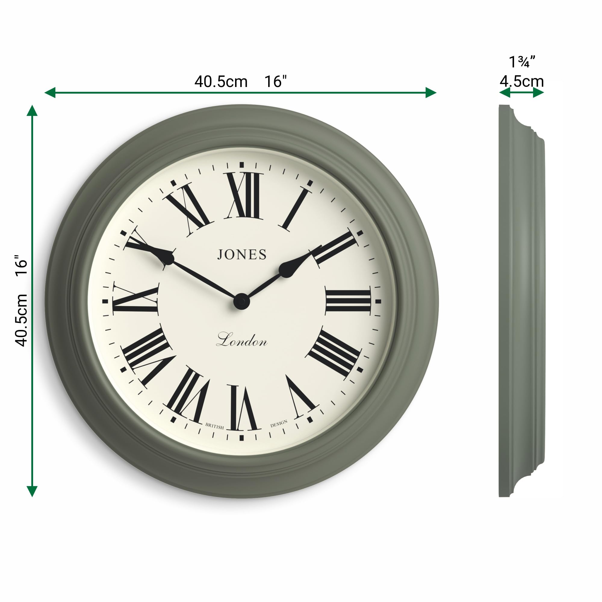 Jones Clocks Supper Club wall clock | Large classic round clock | 40cm | Asparagus green | Roman numerals |Traditional design ideal for kitchen or