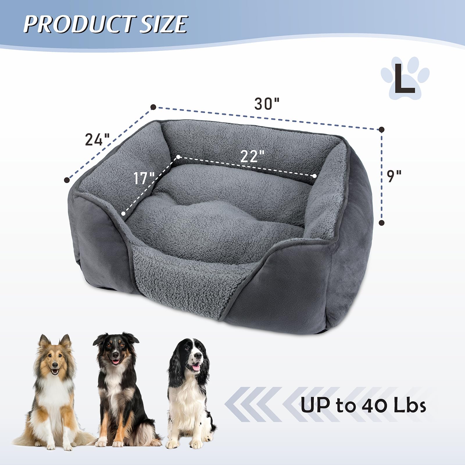 MIXJOY Large Dog Bed Washable, Grey Dog Bed Puppy Beds Orthopedic Pet Bed with Anti-Slip Bottom, Low Front Edge Dog Bed for Border Collie, Golden Retriever, French Bulldog, 76×61×23 cm