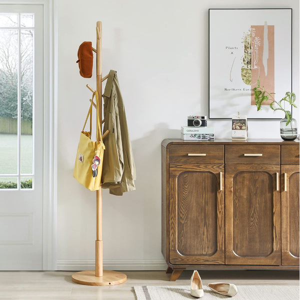 IBUYKE Free Standing Hall Coat Tree with 8 Hooks, Stand Tree Rack with Round Base, Entryway Coat Stand for Purses, Clothes, Scarves, for Hallway,