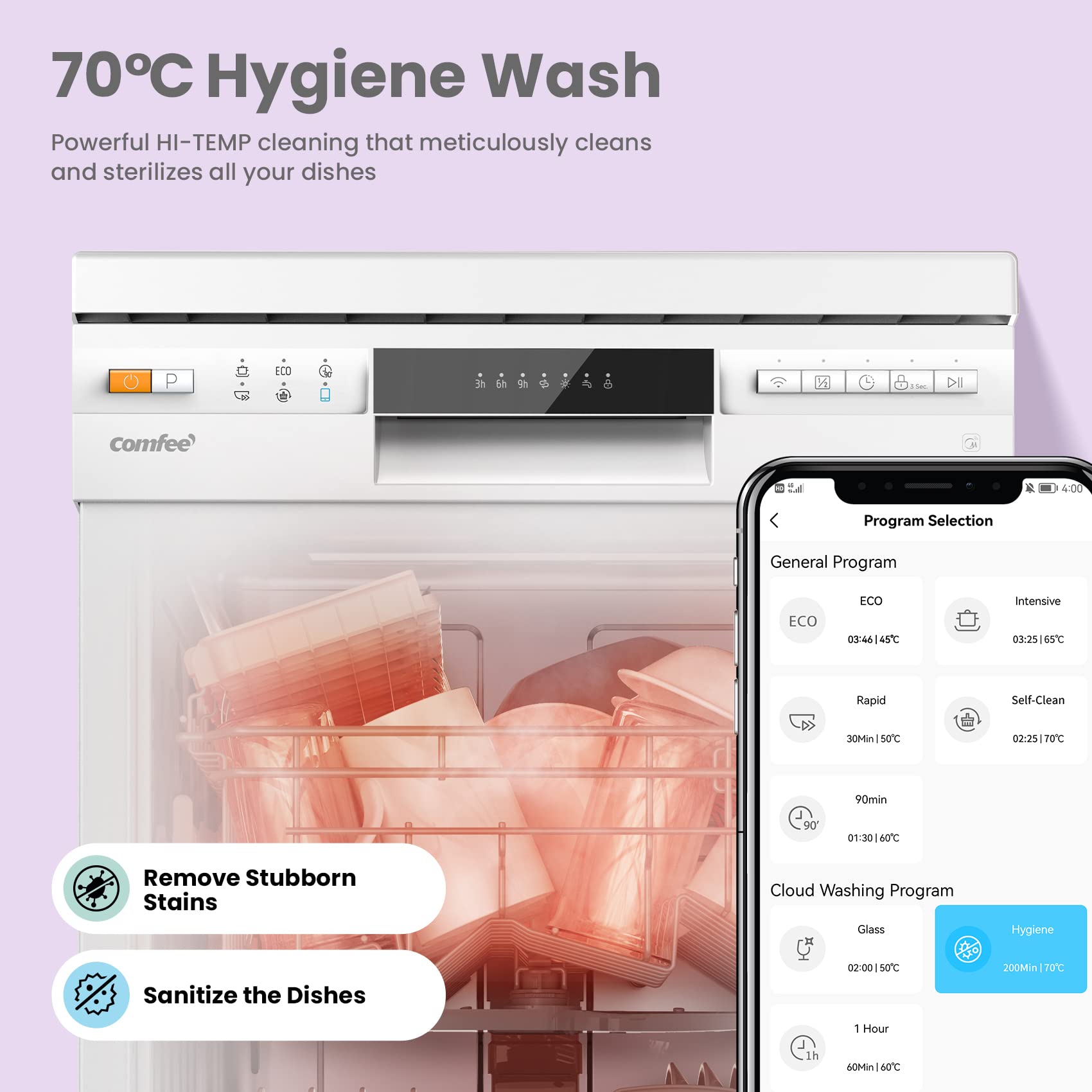 COMFEE' Freestanding Dishwasher CDWEF1034BW-UK 45cm Width, Slimline Dishwasher with 10 place settings, Quick Wash, Hygiene Wash, Delay Start, Half Load, Adjustable Basket - White