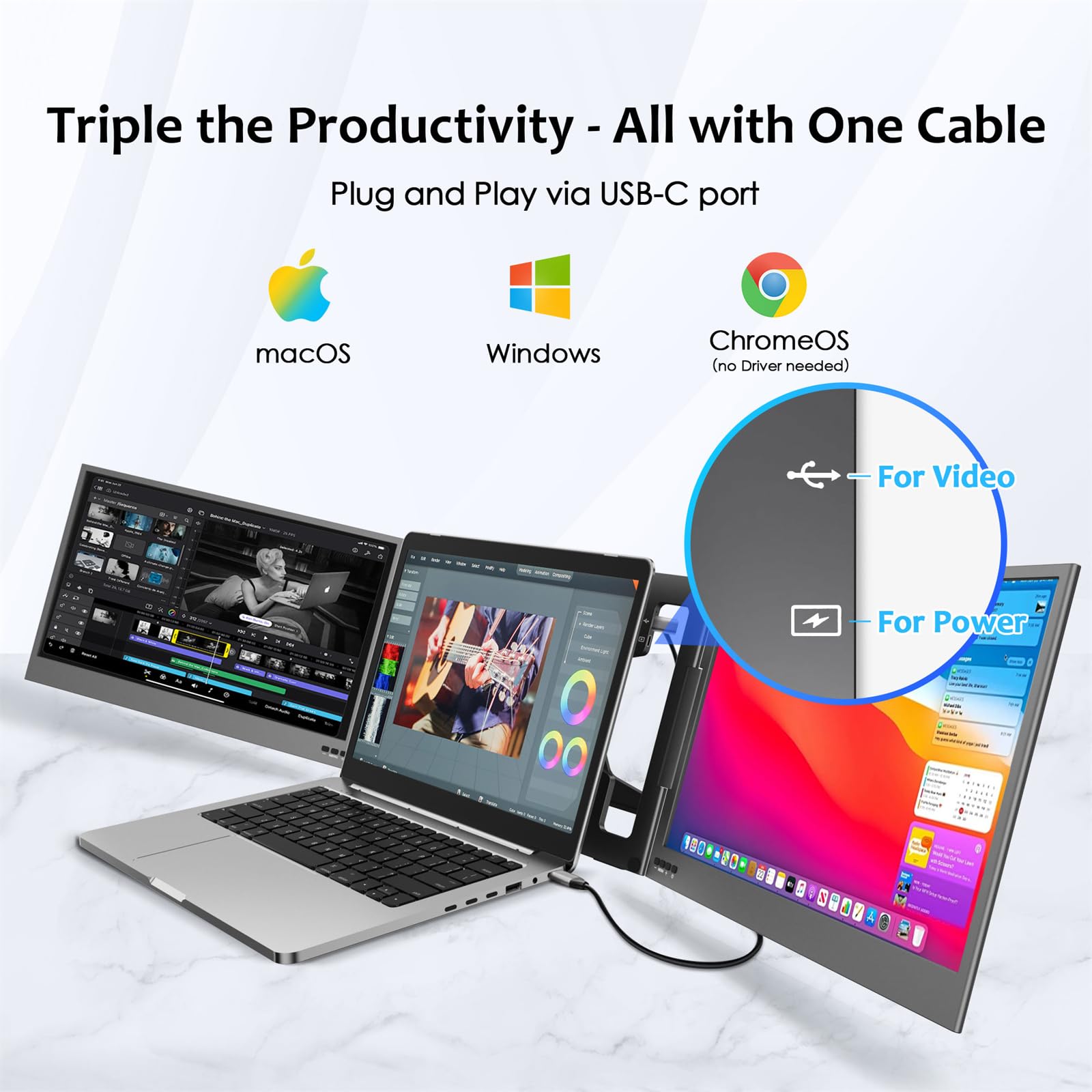 KPKUE 15.6" Laptop Screen Extender, FHD One Cable Monitor Extender, Dual Screen IPS Triple Screen Monitor Fits with 12''-16'' Laptop Compatible Mac Windows Chrome