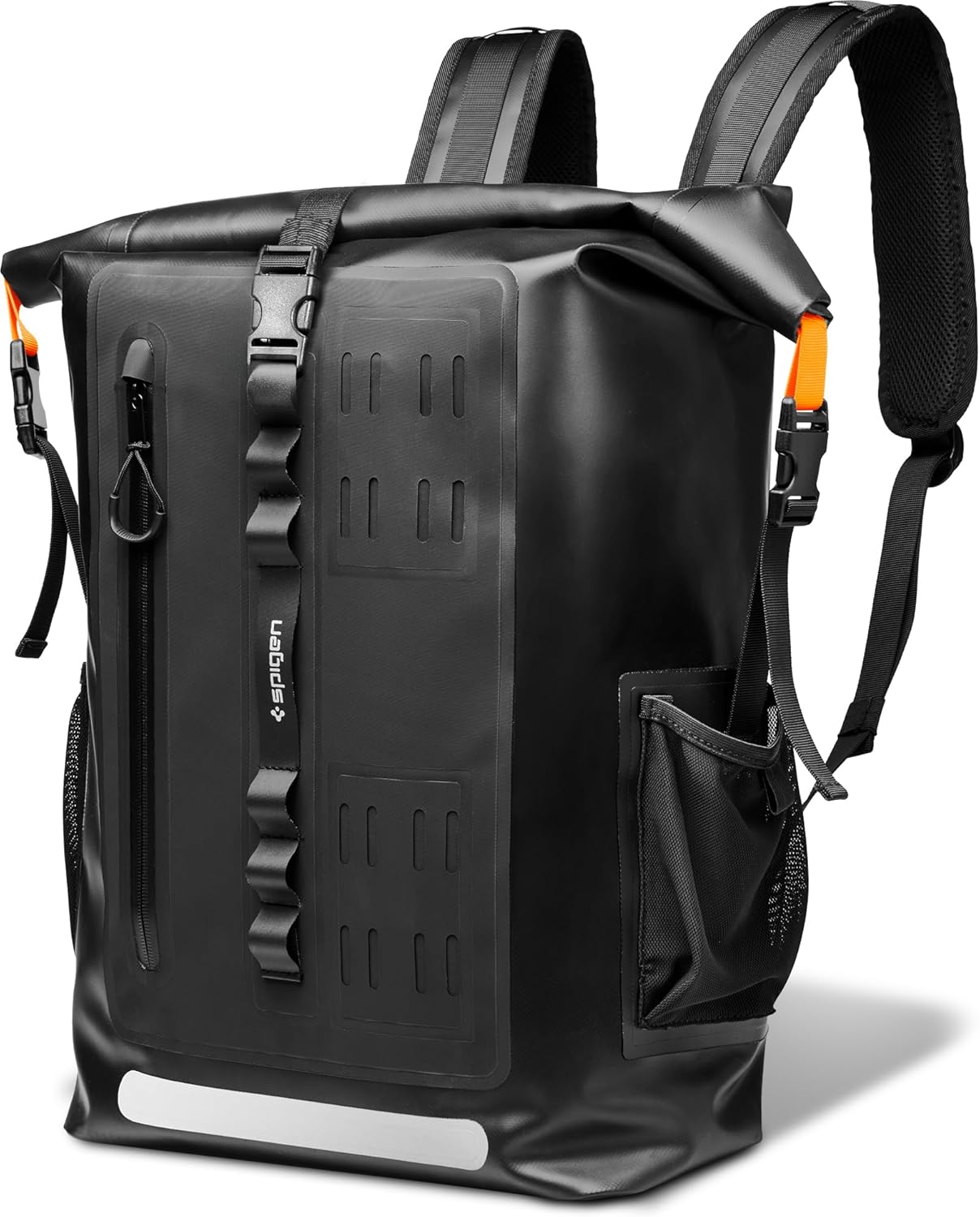 Spigen Waterproof Backpack IPX6 35L Roll Top Travel Rucksack Fits up to 16 Inch Laptop, Multi-Compartment Bag Ventilated Back, Chest Strap Hiking, Camping, Swimming, Canoeing, Fishing – Black