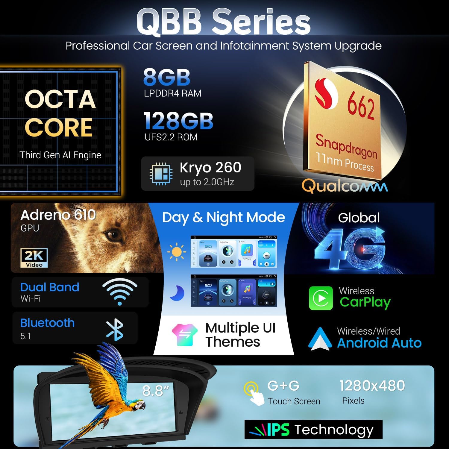 XTRONS 8.8" Car Stereo Android Octa-Core 4+64GB for BMW 3 Series E90 E91 5 Series E60 E61 (2005-2008) w CCC system Touch IPS Screen GPS navigation, w 4G LTE CarAutoPlay Android Auto Support AHD Camera