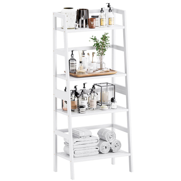 HITNET White Ladder Bookshelf, Leaning Bookcase, 4-Tier Bamboo Shelf, Floor Standing Storage Shelving Unit, Open Display Book Shelves