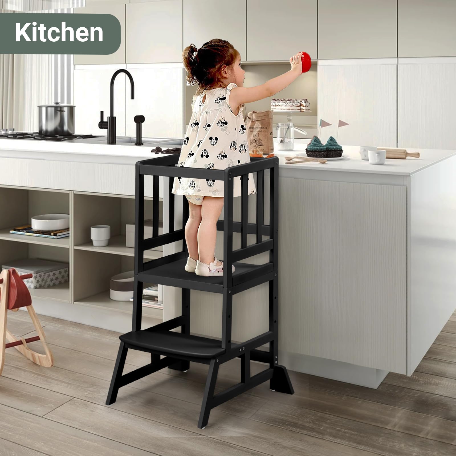 COSYLAND Height Adjustable Kids Kitchen Step Stool with Anti-tip Support Corners - Kids Standing Tower for Kitchen Counter, Bathroom, Nursery (Black)