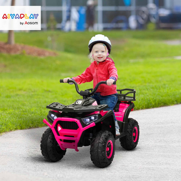 AIYAPLAY 12V Kids Electric Ride on ATV, Battery Powered Quad Bike with 4 Suspension Wheels, Forward Reverse Function, Headlights, Music, Storage Basket, for Ages 3-5 Years, Yellow