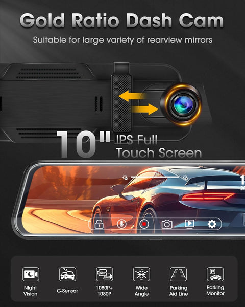 【Upgraded】10 Inch Mirror Dash Cam Night Vision 1080P Full Touch Screen Dual Dash Cam Front and Rear Camera Car Rear View Mirror Loop Recording 170° Wide Angle Parking Assistance