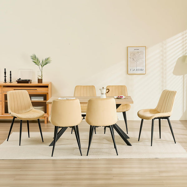 LONGTOO Set of 6 Dining Chairs with Velvet Upholstered Seat & Backrest,Stable Metal Legs,Modern Stripe Design,Champagne