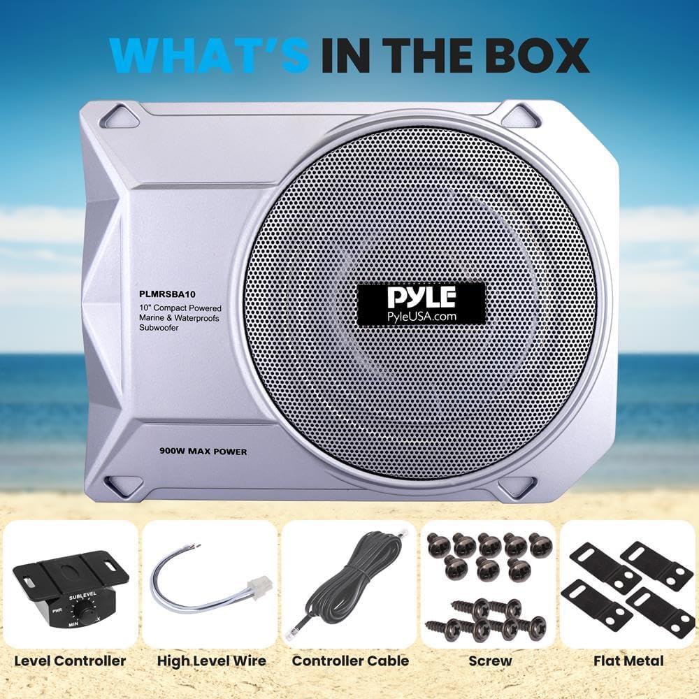Pyle 8-Inch Low-Profile Amplified Subwoofer System - 600 Watt Compact Enclosed Active Marine Underseat Car Subwoofer with Built in Amp, Powered Car Subwoofer w/Low & High Level Inputs