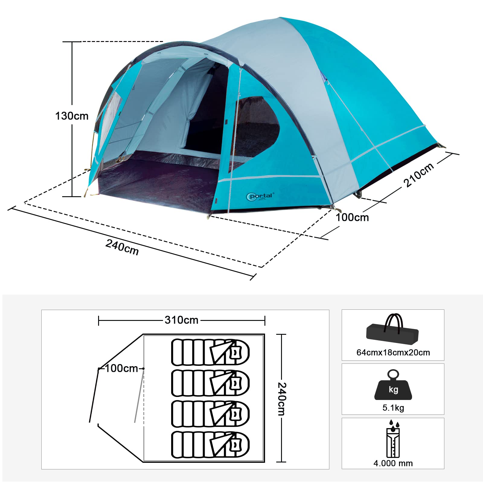 Portal 3-4 Man Tent with Porch, Camping Tent for 3 to 4 Persons with Sewn-in Groundsheet, 4000mm Waterproof Family Tent with Bedroom, Lightweight Dome Tent for Outdoor Garden Backpacking Hiking