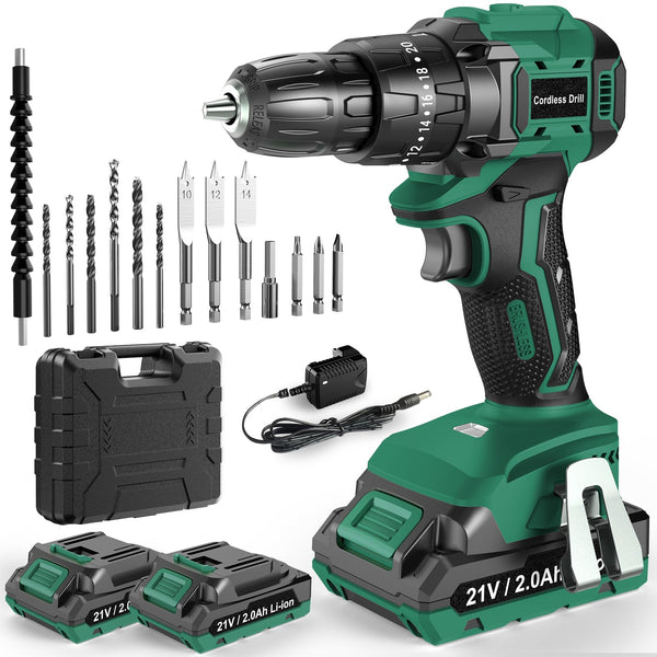 JYGMPRO Cordless Drill Driver 21V, Hammer Drill with 2 Batteries 2000mAh, 25+3 Torque, 42N.m Max Electric Drill, 30PCS Drill Bits, 2 Speed, LED Light for Home and Garden DIY Project