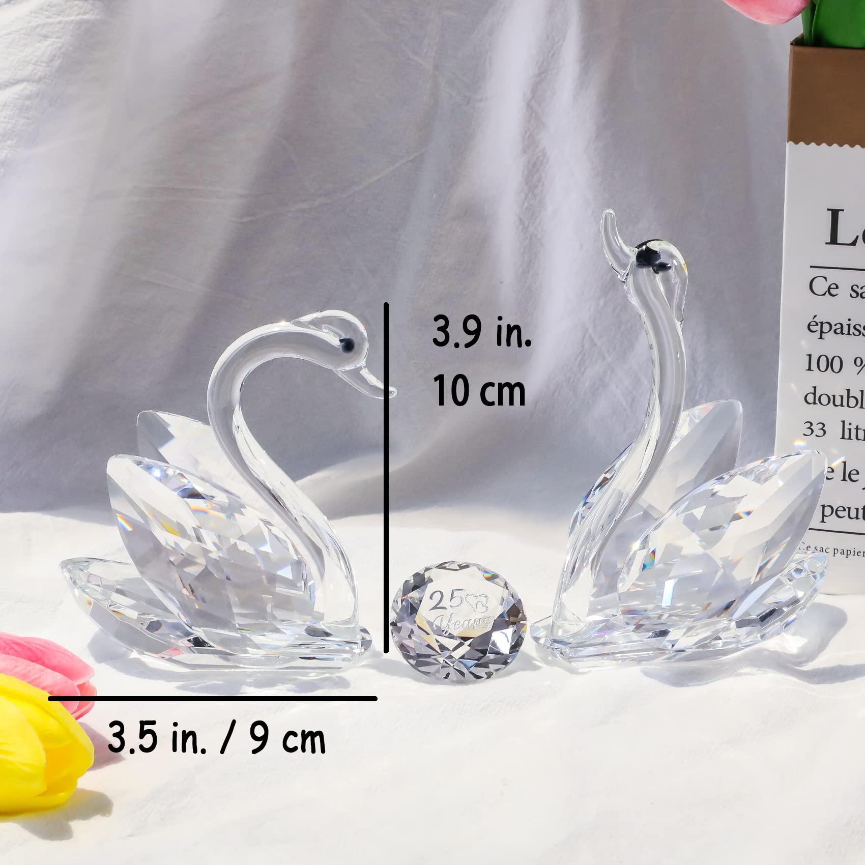 Double Crystal Swans Ornaments Wedding Gifts for Couple, Glass Animal Figurines Collectibles With Silver Diamond 25th Anniversary Wedding Presents for
