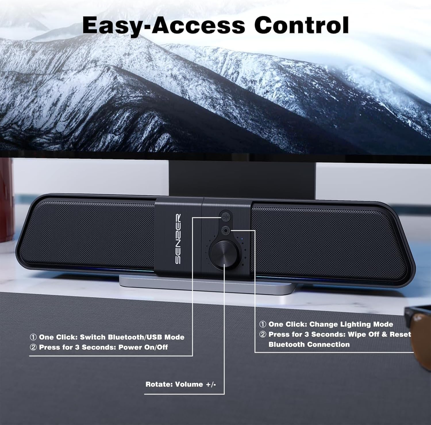 Senzer CS20 Pc Speaker, Usb Powered Desktop Speaker Computer Speakers with Flowing LED Bluetooth Gaming SoundBar Speaker for Laptop Desktop Monitor (Not 3.5 mm Jack)