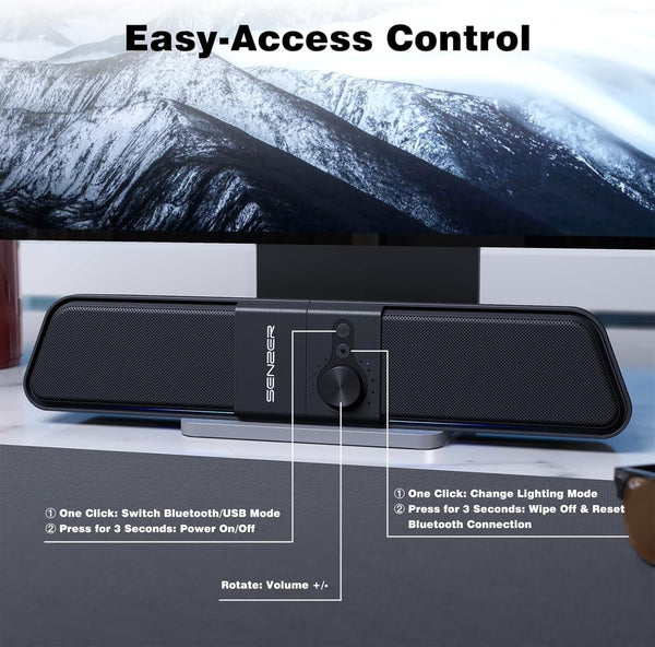 Senzer CS20 Pc Speaker, Usb Powered Desktop Speaker Computer Speakers with Flowing LED Bluetooth Gaming SoundBar Speaker for Laptop Desktop Monitor (Not 3.5 mm Jack)