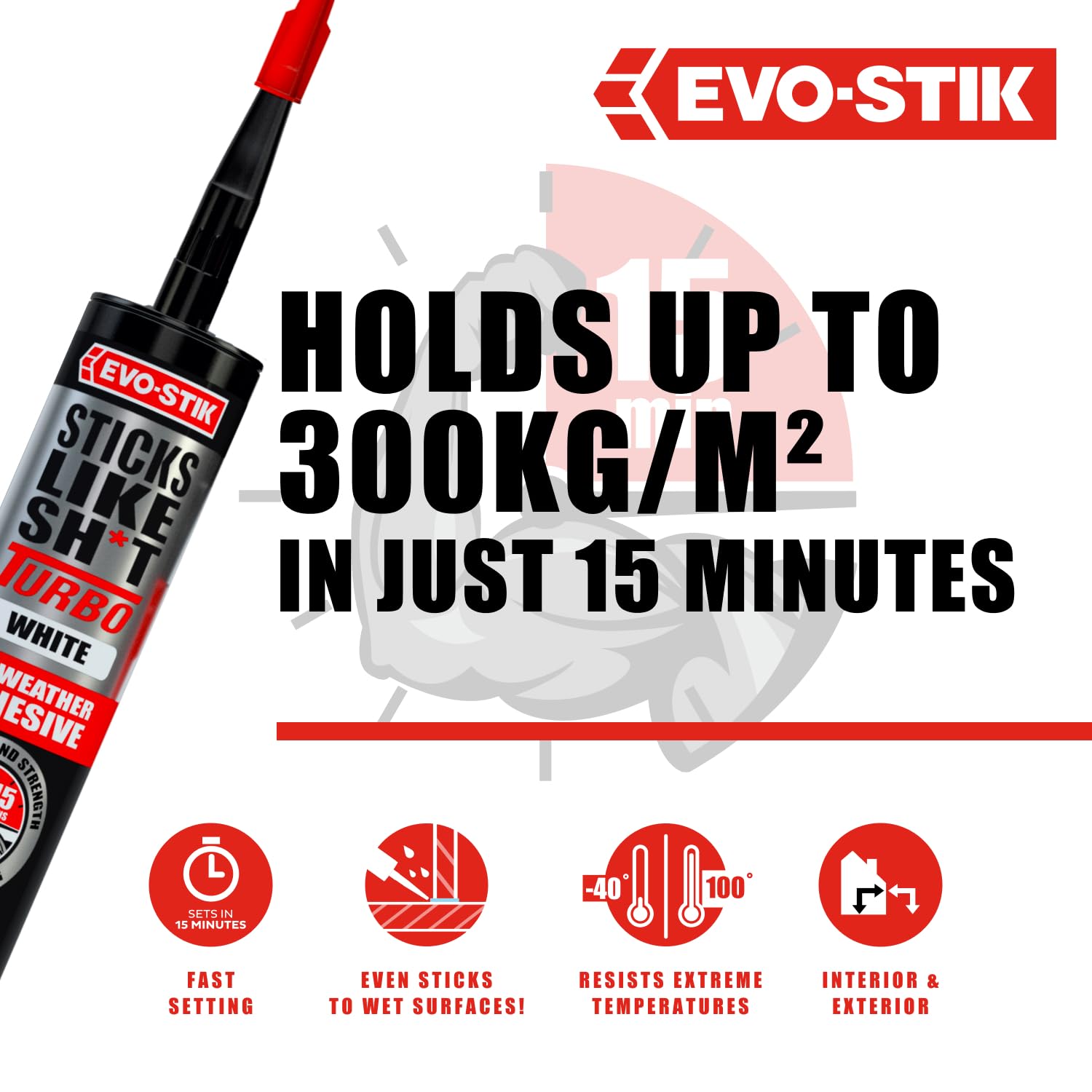 EVO-STIK Sticks Like Sh*t Turbo Adhesive, All Weather, Fast Setting, Extreme Temperature & Movement Resistant, White, 290ml