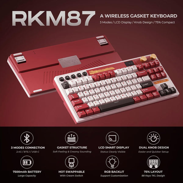 RK ROYAL KLUDGE M87 Mechanical Keyboard Wireless, 75 percent Gaming Keyboard 2.4Ghz/Bluetooth/USB-C Gasket RGB Keyboard US Layout with 7500mAh Battery, LCD Smart Display & Dual Knob, Cream Switch, Red