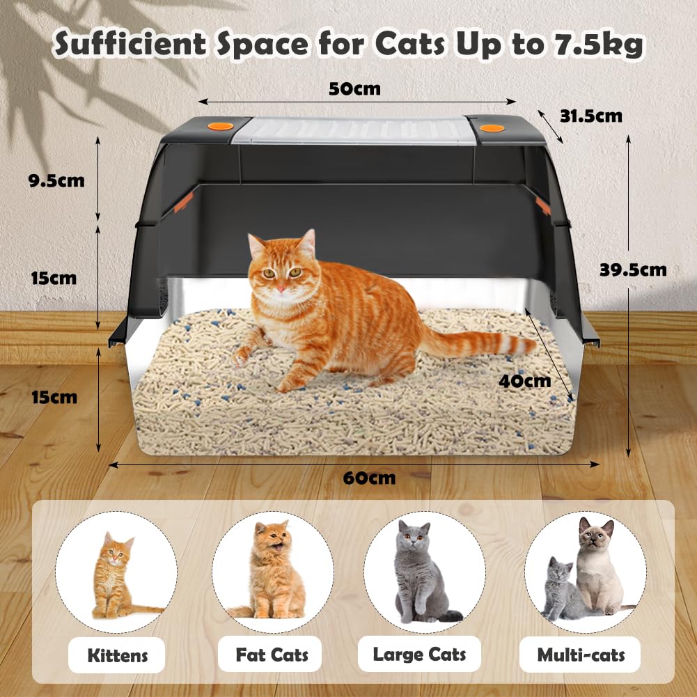Vivifying Enclosed Stainless Steel Cat Litter Box with Lid, High-Sided, Removable and Metal Leak-Proof Stainless Steel Cat Litter Tray with Scoop, Steps and Mat (Black)