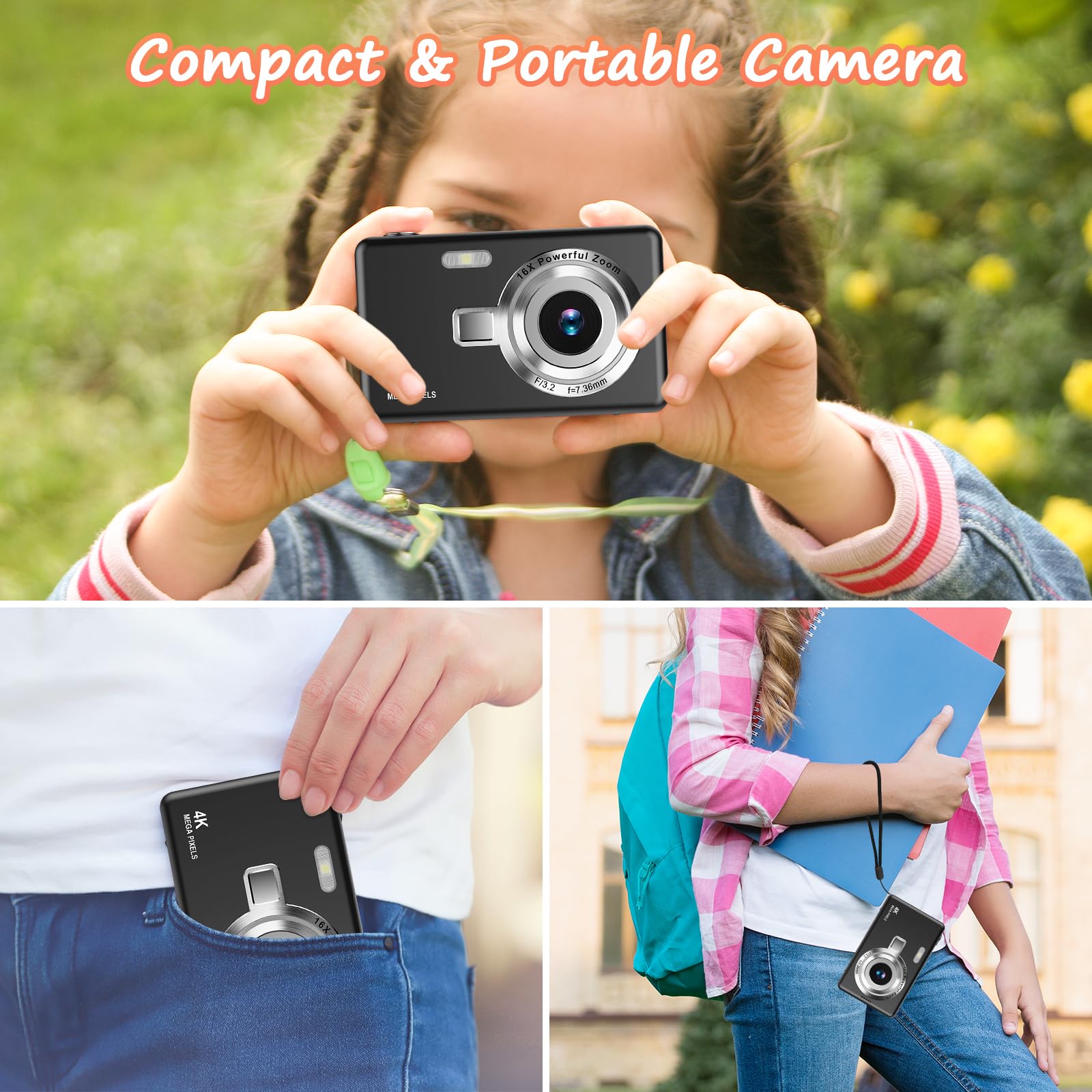 Digital Camera 1080P FHD 44MP with 2.4" LCD Screen,16X Digital Zoom, Compact Portable Vlogging Camera with 32gb SD Card for Kids Teen Students Beginner (Silver)