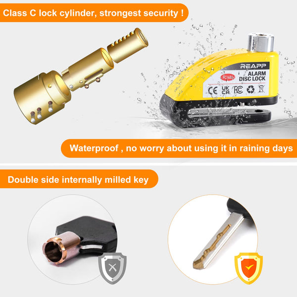 REAPP Alarm Disc Lock Motorbike Lock, Disc Brake Lock 110db with Reminder Cable and Carry Pouch, High Security Disc Lock for Motorcycle Bike Moped Motocross