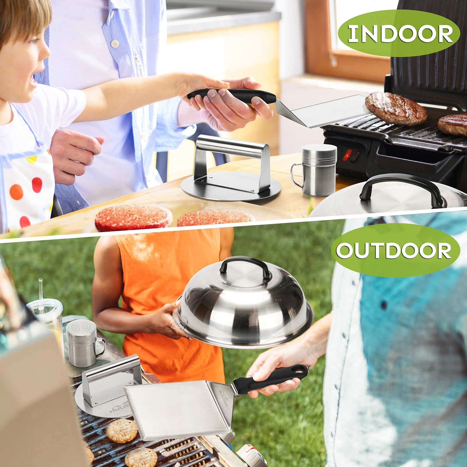 HULISEN Smashed Burger Kit, Burger Press, 12 Inch Basting Cover, Grill Spatula, Spice Dredge Shaker and 2 Squeeze Bottles - Griddle Accessories Kit