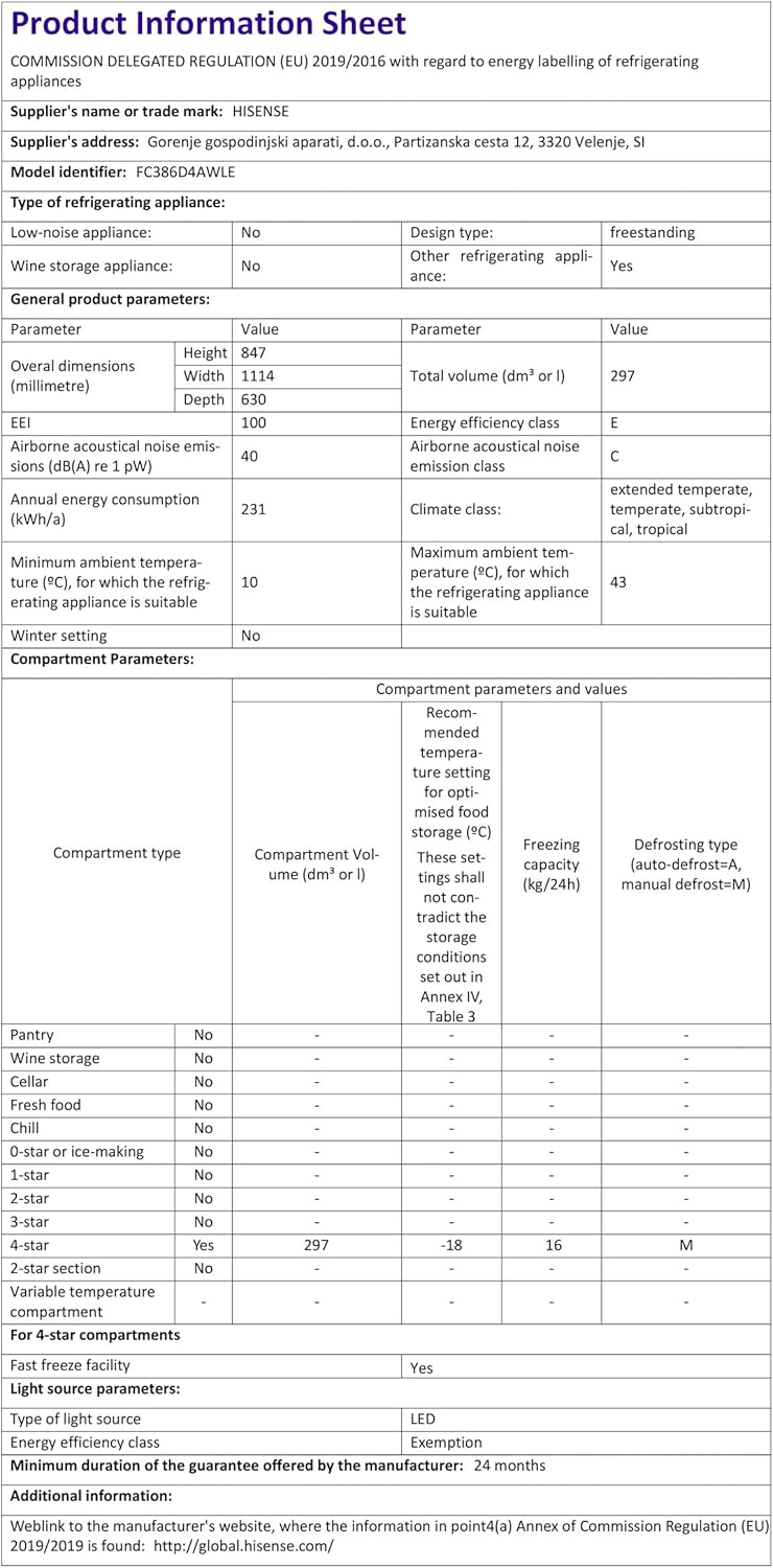Hisense FC386D4AWLE 297Litres Freestanding Chest Freezer, 4 Star Freezer Rating, E Rated in White